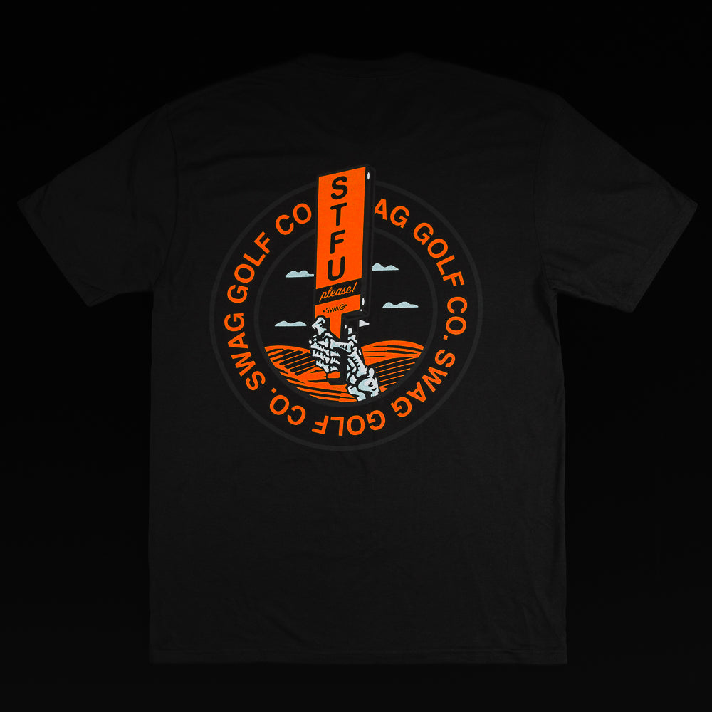 Swag black and orange men's short sleeve STFU t-shirt featuring a skeleton caddy.