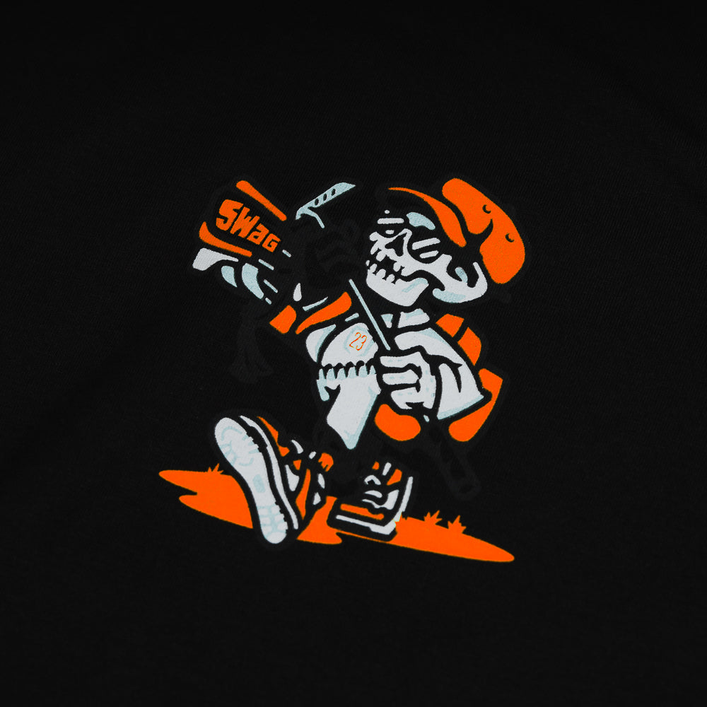 Swag black and orange men's short sleeve STFU t-shirt featuring a skeleton caddy.