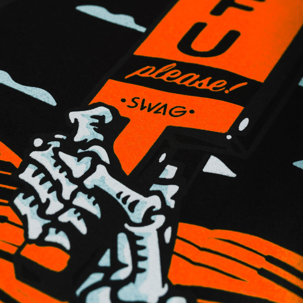 Swag black and orange men's short sleeve STFU t-shirt featuring a skeleton caddy.