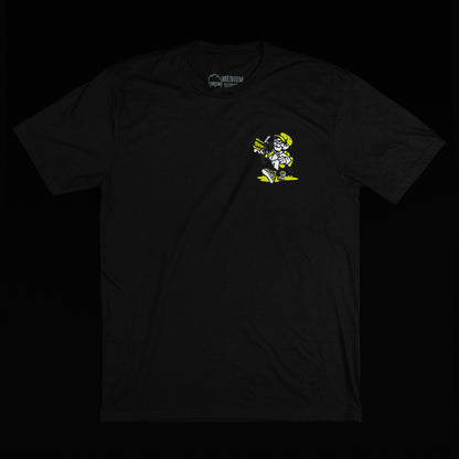 Black STFU t-shirt with neon yellow skull caddie.