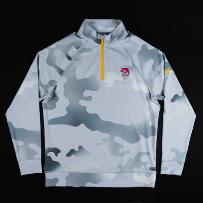 Swag x G/Fore men's long sleeve gray camo print performance golf quarter zip.