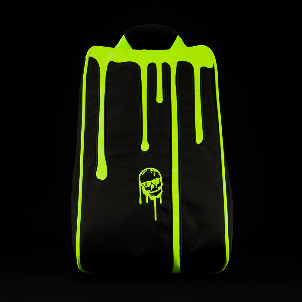 Back view of SWAG Neon Drip shoe bag with vertical zipper, neon drip accents, and SWAG branding.