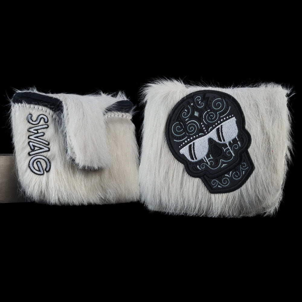 Dripping Sugar Skull mallet putter cover in white cowhide with black and white embroidered skull and SWAG logo.