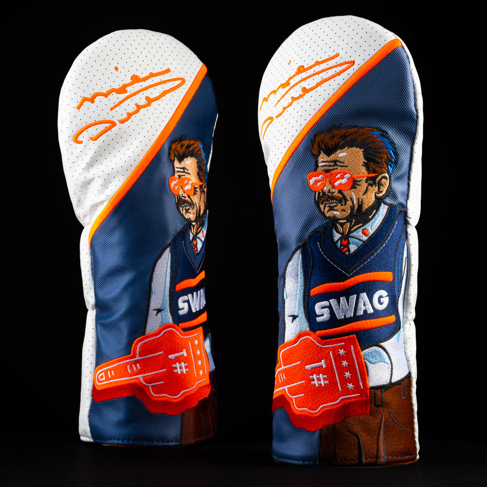Mike Ditka Chicago Bears themed white, blue and orange driver golf head cover made in the USA.