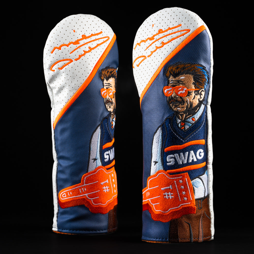 Mike Ditka Bears themed blue, white and orange fairway wood golf head cover made in the USA.