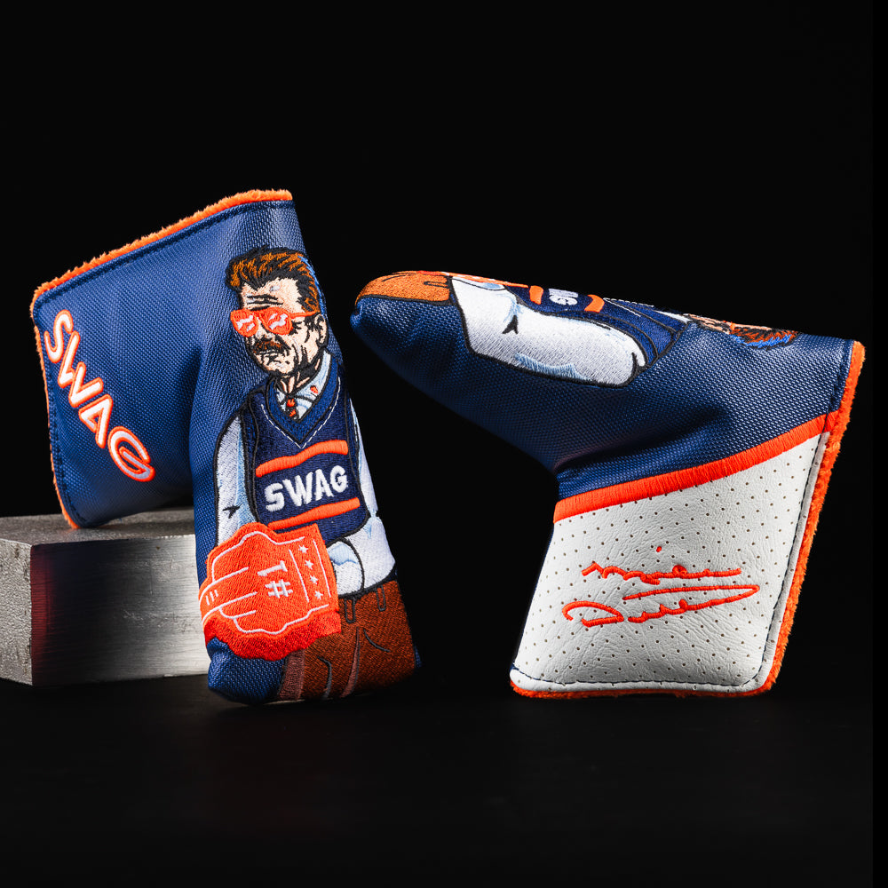 Mike Ditka Chicago Bears themed blue, white and orange blade putter golf head cover made in the USA.