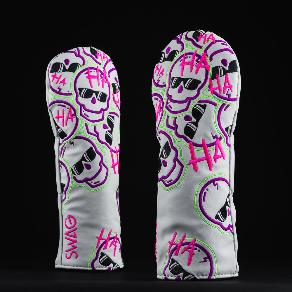 Defaced Falling skulls white, purple, pink and green fairway wood golf head cover made in the USA.
