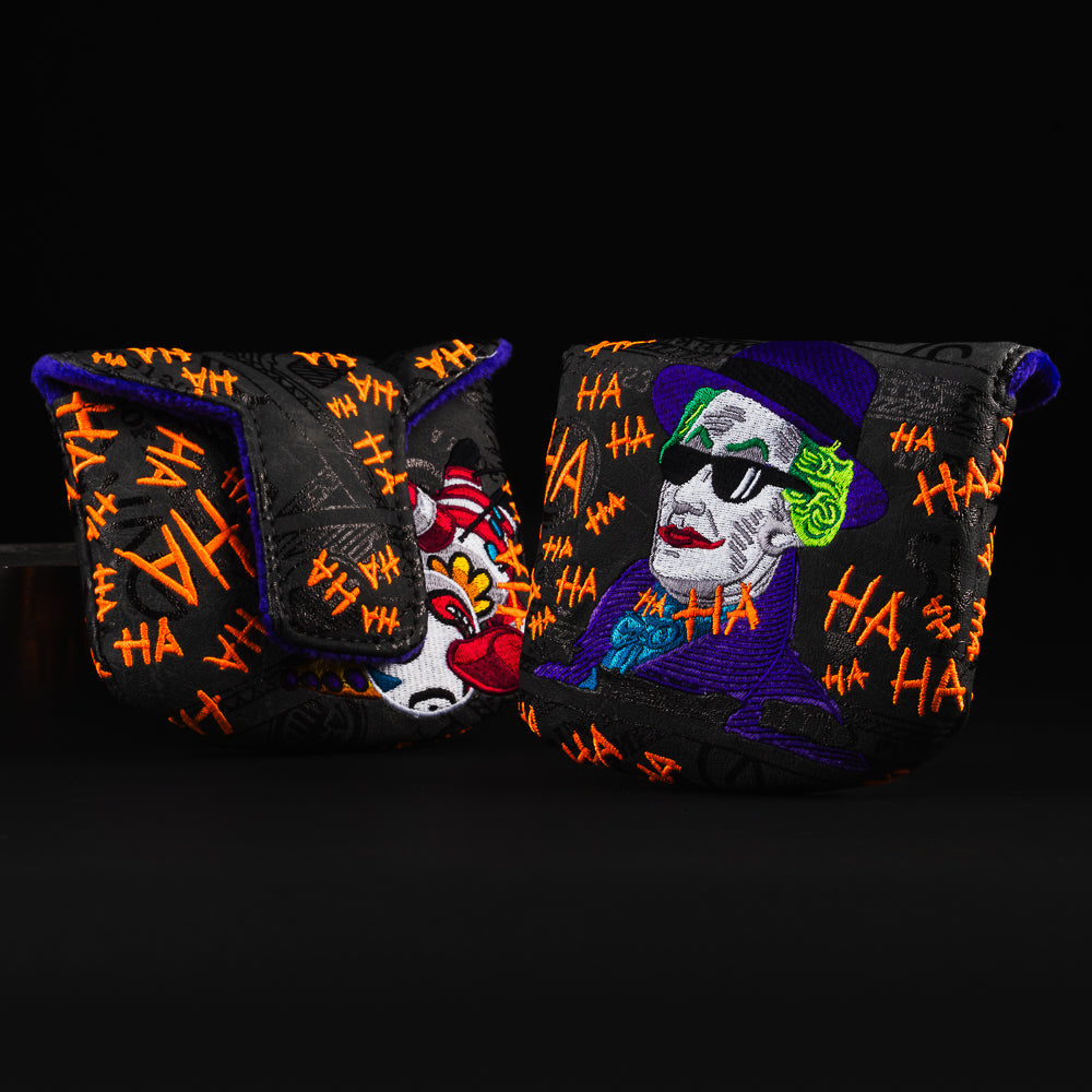 Defaced Jack Hamilton joker themed black, purple, orange and green mallet putter golf head cover made in the USA.