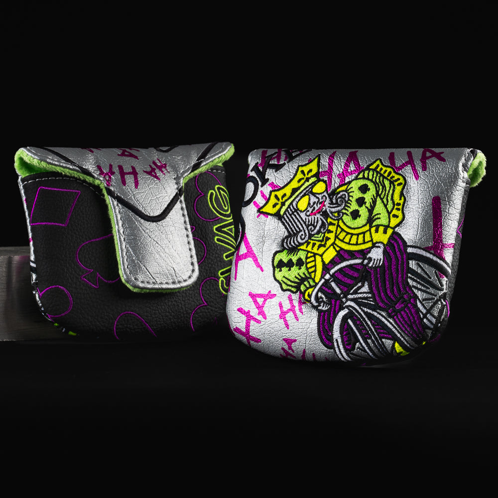 Defaced Bicycle Joker King silver, black, green and purple mallet putter golf head cover made in the USA.