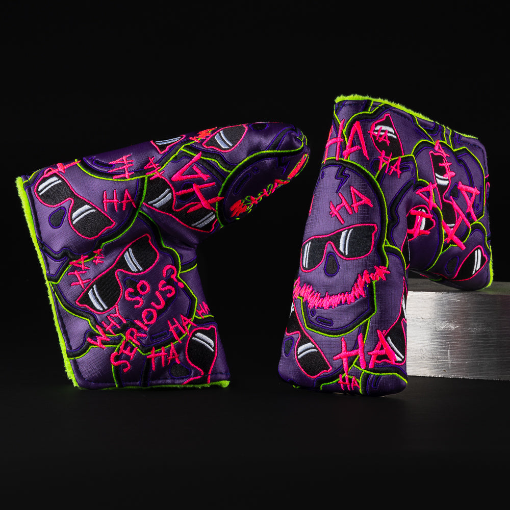 Defaced stacked skulls 2.0 purple, pink and green blade putter golf head cover made in the USA.