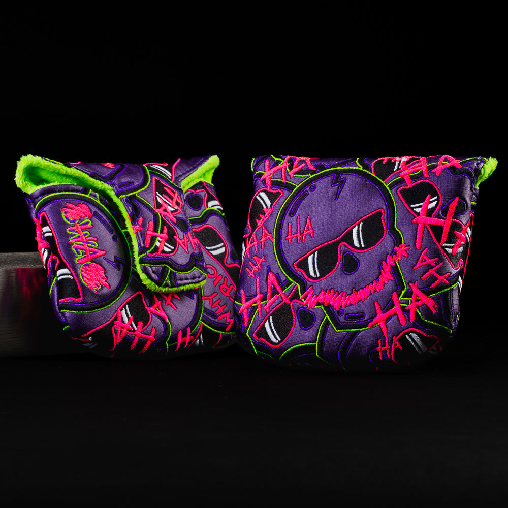 Defaced stacked skulls 2.0 purple, green, and pink mallet putter golf head cover made in the USA.