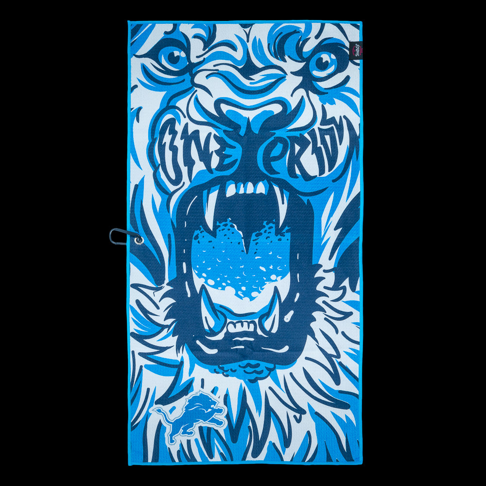 NFL Detroit Lions official golf towel with blue and white roaring lion design.