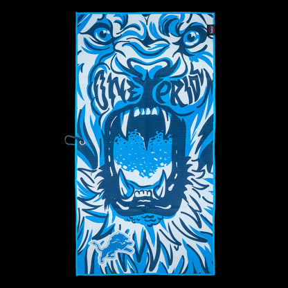 NFL Detroit Lions official golf towel with blue and white roaring lion design.
