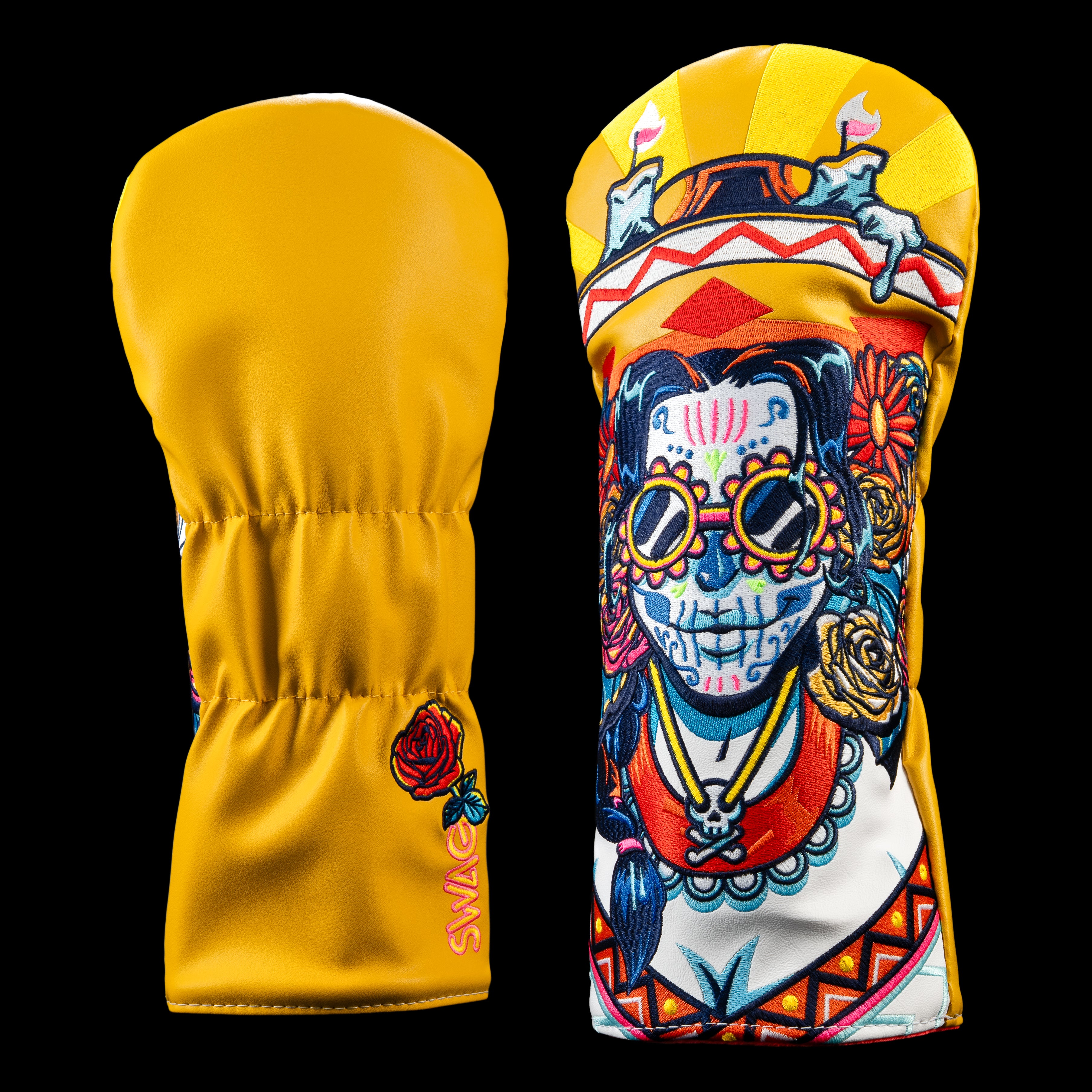 Bright yellow Miss Marigold Driver Headcover featuring Day-of-the-Dead skull with floral design and marigolds.