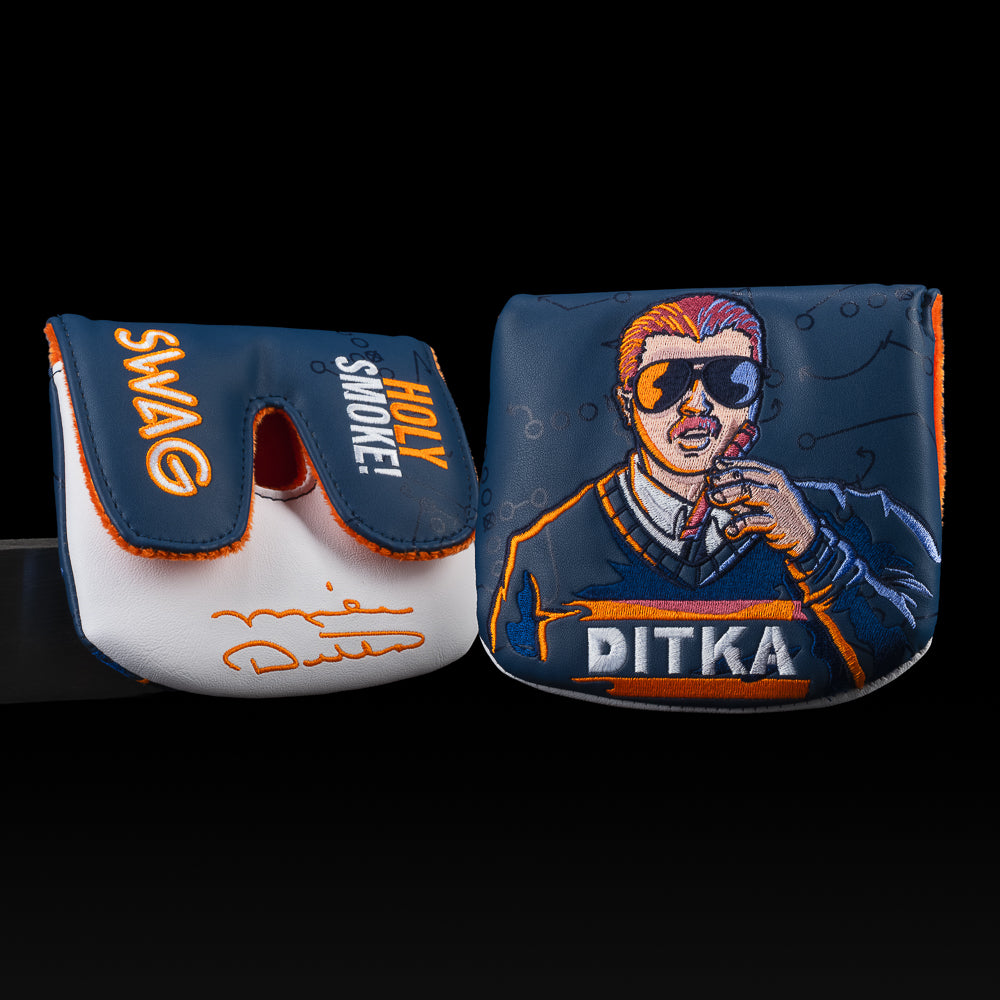 SWAG Golf x Mike Ditka Holy Smoke blue, white, and orange Chicago Bears football themed center shaft XL mallet golf headcover.