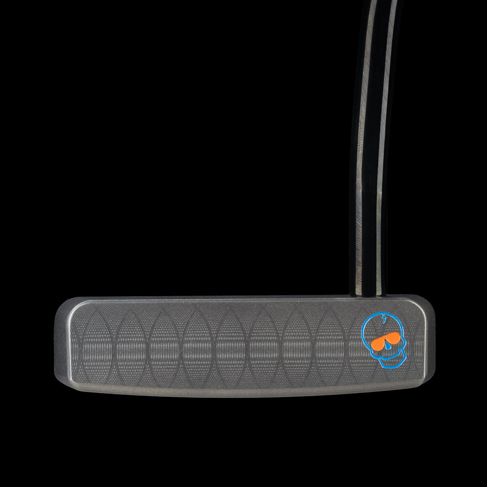 SWAG Golf x Mike Ditka Da Boss 2.0 limited edition black oxide mid-mallet golf putter made in the USA. Featuring Mike smoking a cigar with Chicago Bears orange and blue colors.