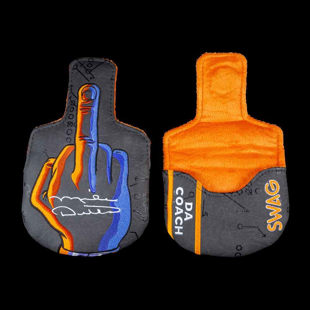 SWAG Golf x Mike Ditka Da Boss 2.0 limited edition black oxide mid-mallet golf putter made in the USA. Featuring Mike smoking a cigar with Chicago Bears orange and blue colors.