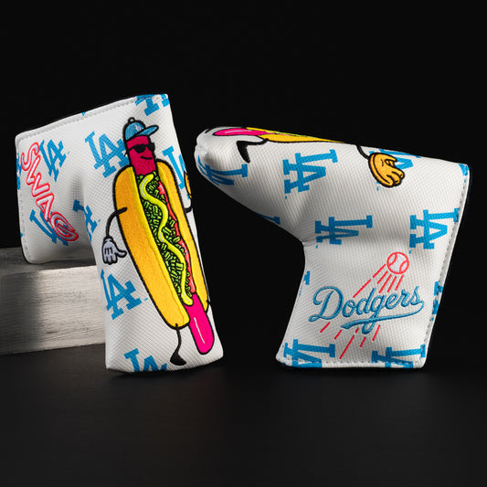 Officially licensed MLB LA Dodger Dog 2.0 white and blue hot dog themed blade putter gold head cover made in the USA.