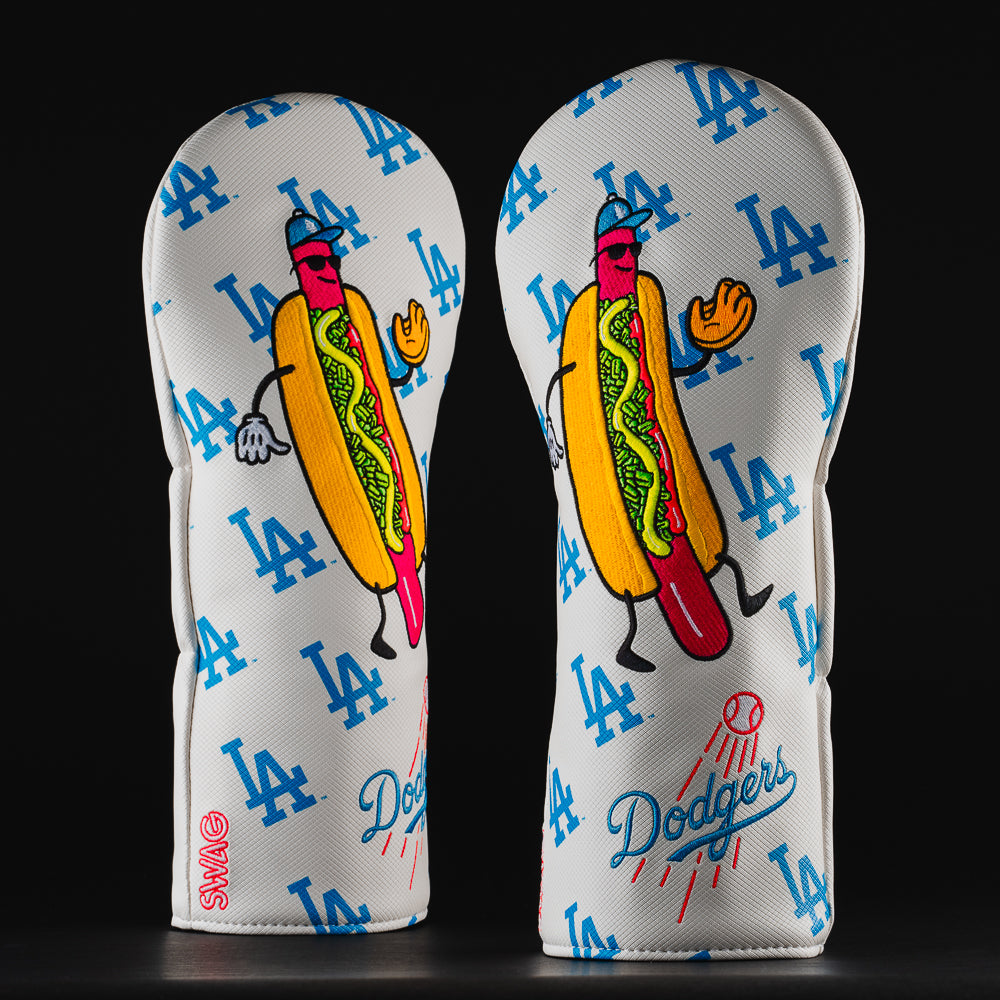 Officially licensed MLB LA Dodgers blue and white hot dog themed driver wood golf head cover made in the USA.