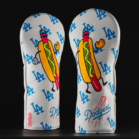 Officially licensed MLB LA Dodgers blue and white hot dog themed driver wood golf head cover made in the USA.