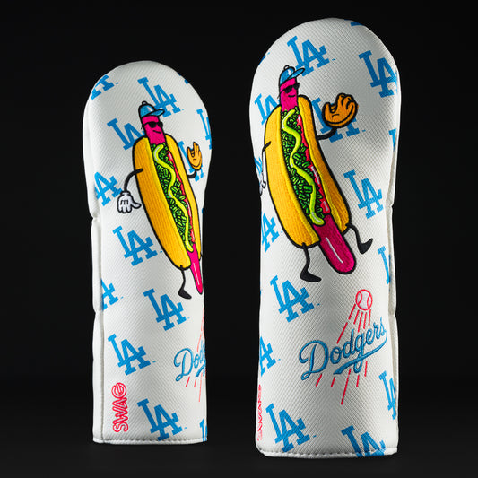 Officially licensed MLB LA Dodgers blue and white hot dog themed fairway wood golf head cover made in the USA.