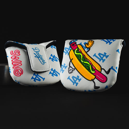Officially licensed MLB LA Dodgers white and blue hot dog themed mallet putter golf head cover made in the USA.
