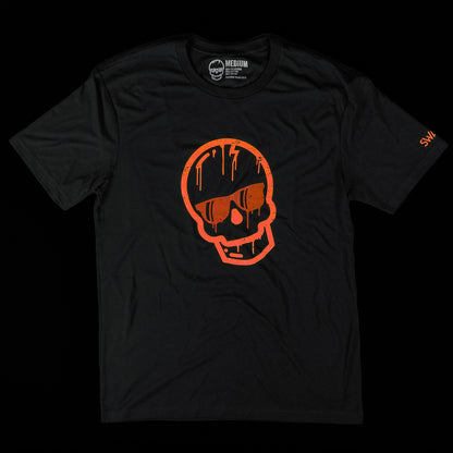 Black T-Shirt with OrangeDripping Skull on the front and Swag on the left sleeve in orange.