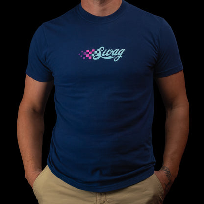 Front view of the Lights Out Swagatha T-Shirt, a navy blue tee featuring a teal and pink checkered SWAG logo across the chest.