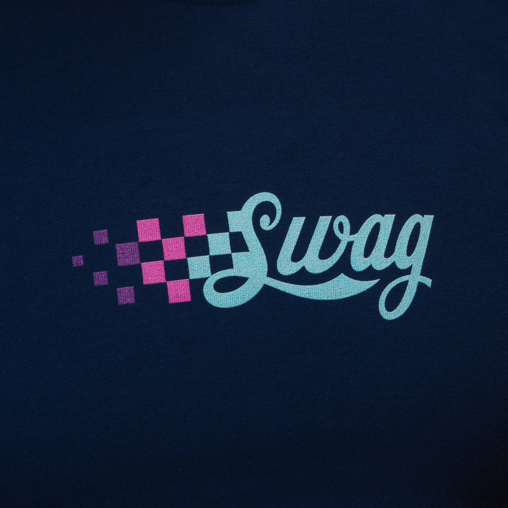 Close-up of the Lights Out Swagatha T-Shirt chest logo, displaying the pink checkered pattern fading into the teal SWAG script.