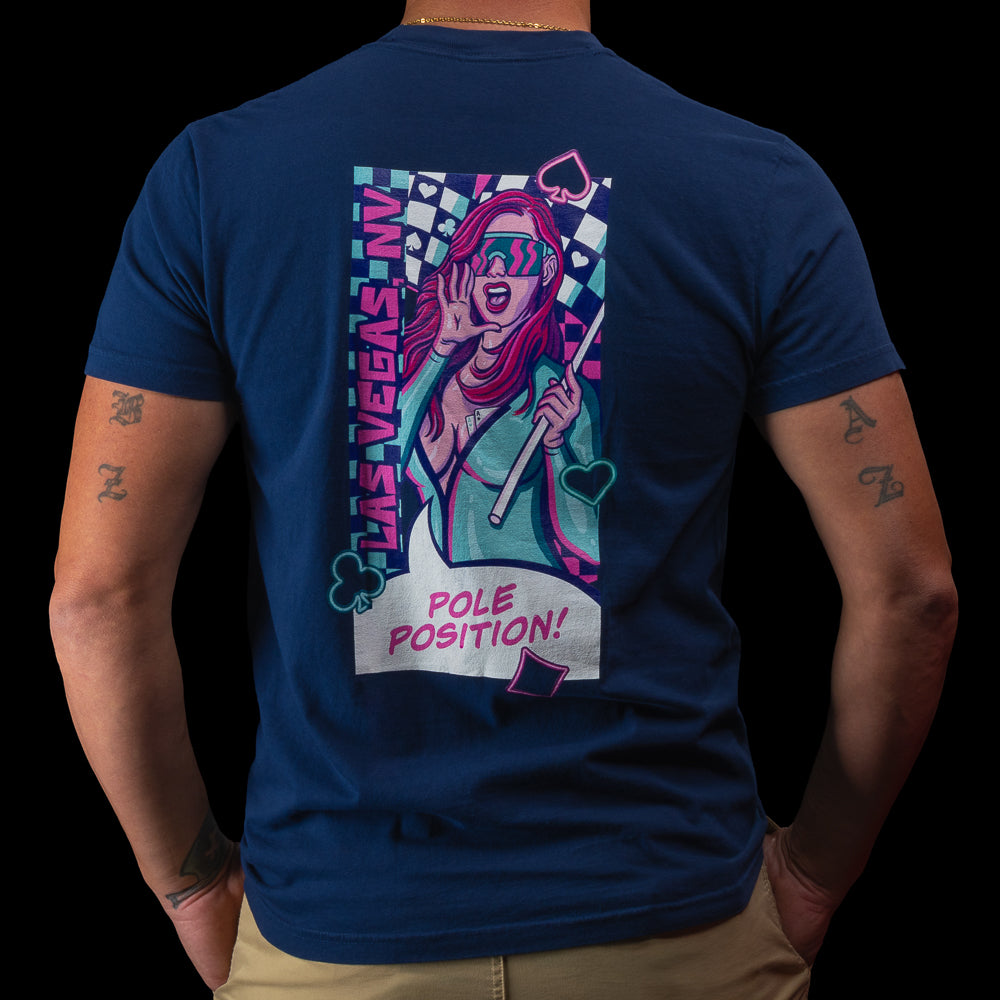 Back view of the Lights Out Swagatha T-Shirt showing a large graphic of Swagatha in bold pink and purple tones with checkered accents and the text ‘Pole Position!’