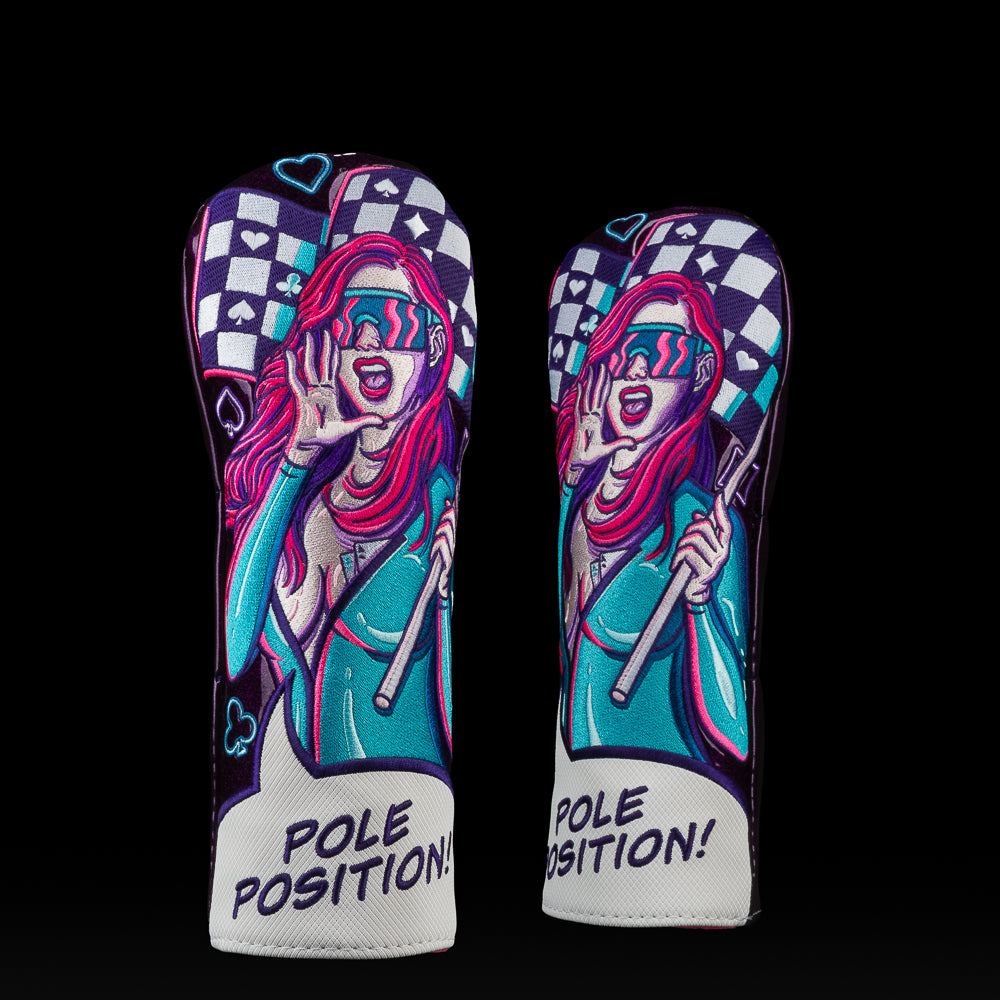 Fairway wood headcover featuring Swagatha holding a checkered flag in bright neon purple, teal, and pink with “Pole Position” graphic.
