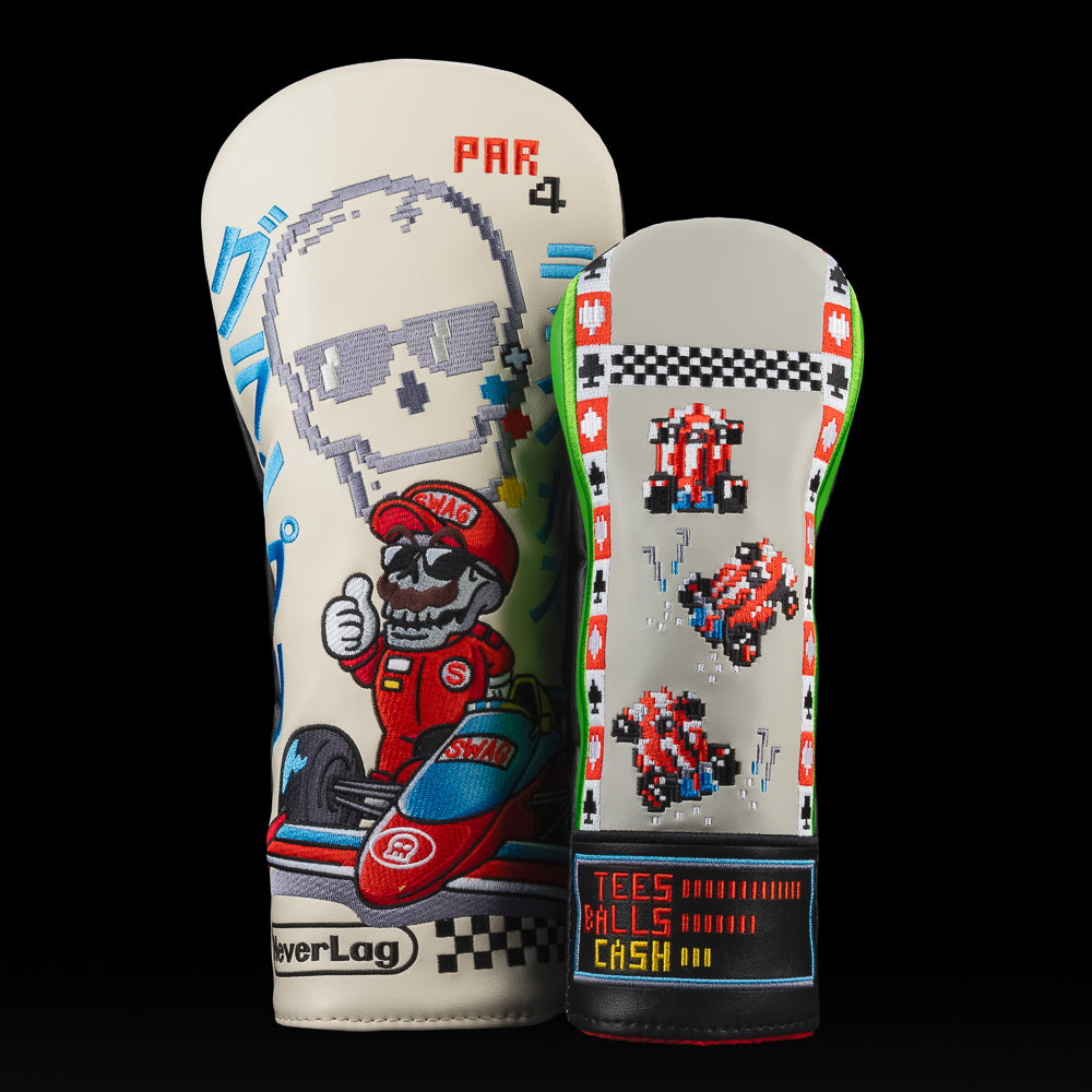 Two-piece golf headcover set featuring Grand Prix skull driver artwork and pixel racing fairway design.