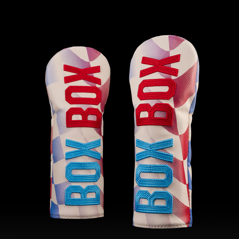 SWAG Golf Fairway Headcover with red and blue checkered fade pattern and vertical “BOX BOX” text inspired by Formula 1 pit calls.
