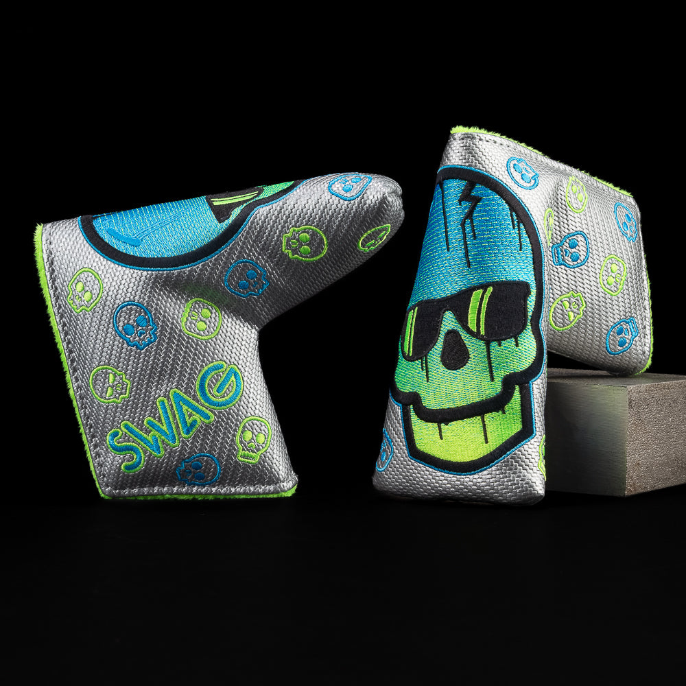 SWAG dripping skull blade golf headcover in silver, blue, and green. Made in the USA.