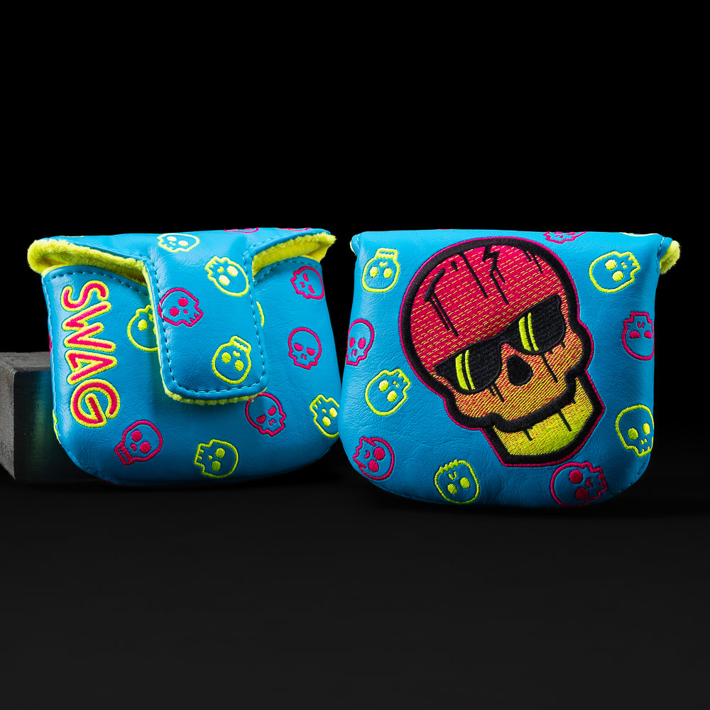 Neon Blue Dripping Skull mallet golf club headcover with yellow and pink.