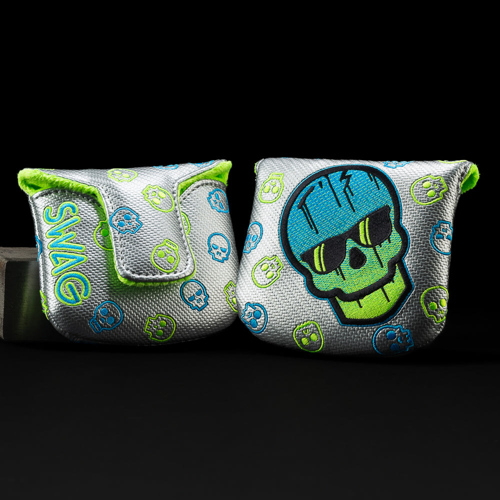 SWAG dripping skull mallet golf headcover in silver, blue, and green. Made in the USA.