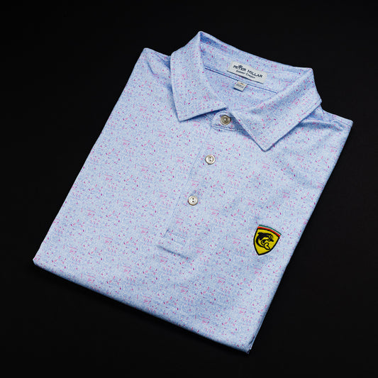 Swag x Peter Millar Chicago movie themed print men's short sleeve golf polo shirt with an embroidered yellow dolphin on the left chest.