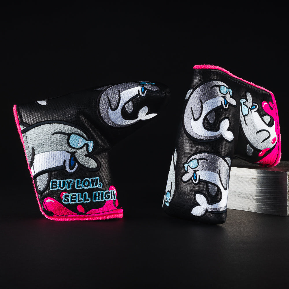 Open water flipper special black, pink and gray dolphin themed blade putter golf club head cover made in the USA.