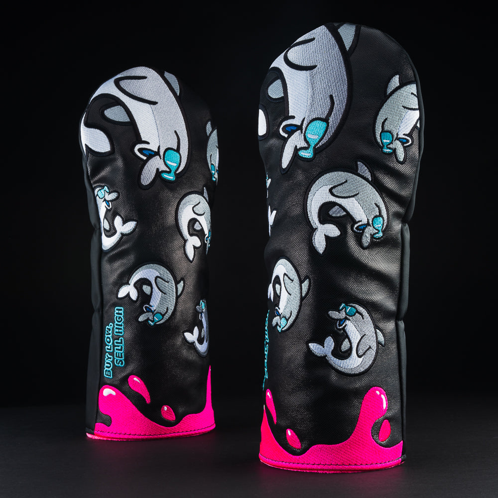 Open water flipper special black, pink and gray dolphin themed driver golf club head cover made in the USA.