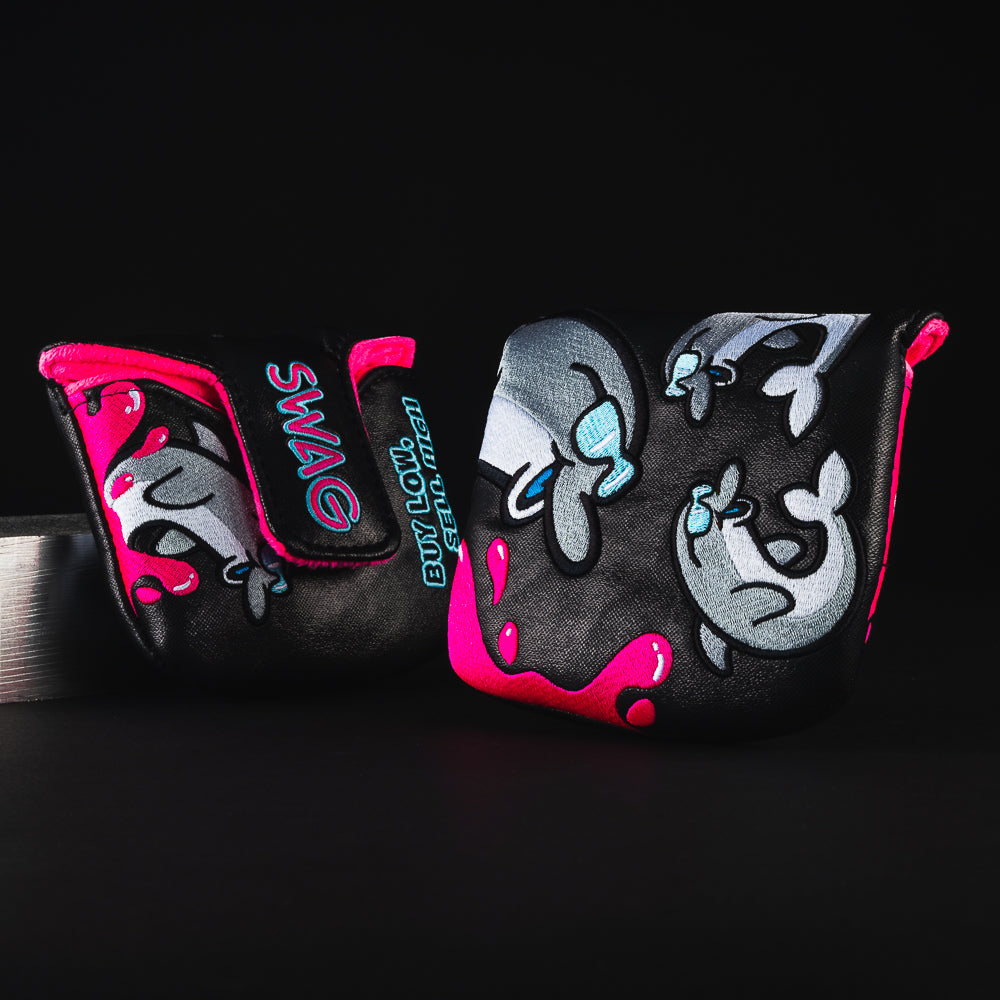 Open water flipper special black, pink and gray dolphin themed mallet putter golf club head cover made in the USA.