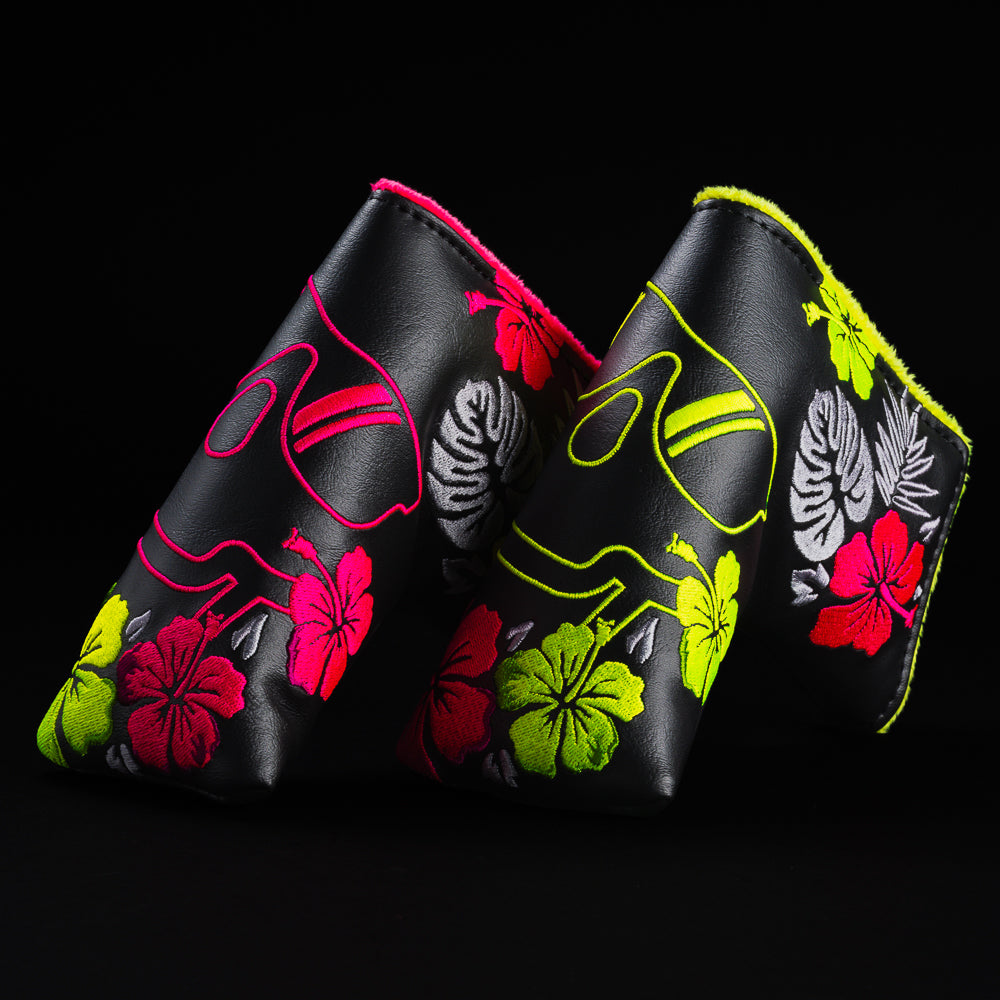 Swag floral hibiscus skull black, yellow, and pink blade putter golf headcover made in the USA.