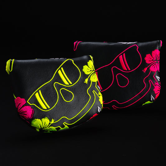 Swag floral hibiscus skull black, yellow, and pink mid mallet putter golf headcover made in the USA.