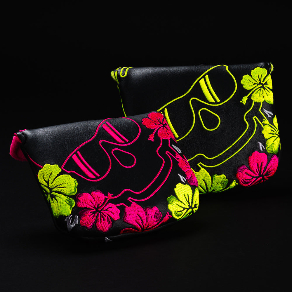 Swag hibiscus floral skull black, yellow, and pink mallet putter golf headcover made in the USA.