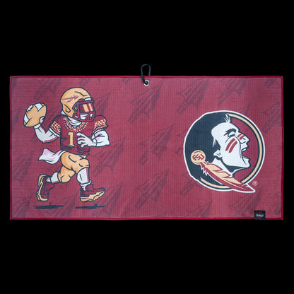 Burgundy Florida State Seminoles golf towel with football player graphic and logo on a black background