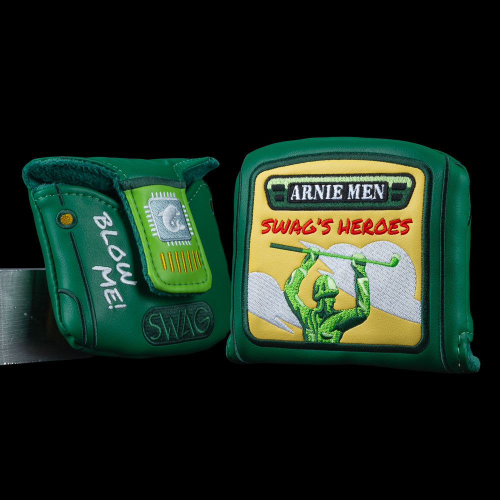 Arnie Men SWAG’s Heroes Cartridge Mallet headcover in green with retro game cartridge artwork adn "BLOW ME!" graphic
