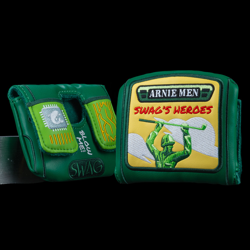 Arnie Men SWAG’s Heroes Cartridge Center Shaft Mallet cover in tournament green with vintage game cartidge artwork.