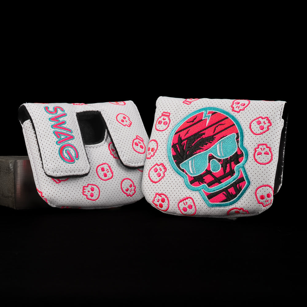 Sunset Skull Center Shaft Mallet Cover in white with pink scattered skulls and teal skull artwork. 