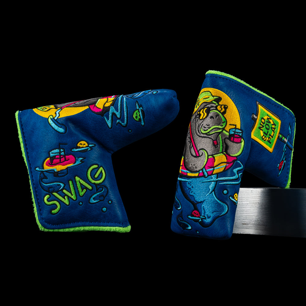 Mana-Tee Blade cover in blue with floating manatee artwork and No Slow Play sign.