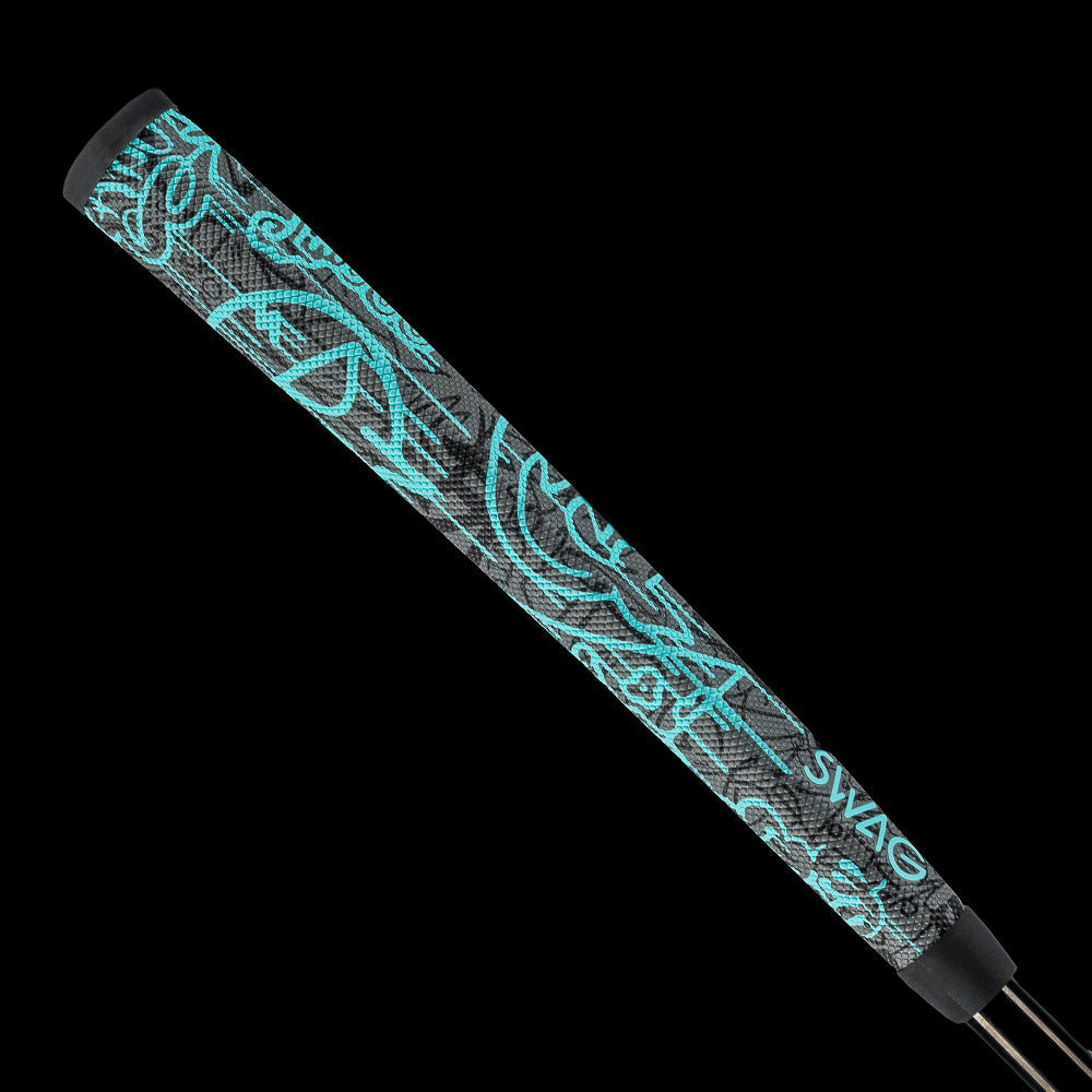 SWAG Golf fully tagged dripping graffiti black and blue midsize putter grip.