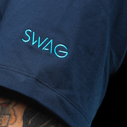 SWAG Golf x G/FORE navy men's golf polo featuring dripping SWAG skull logo over the left chest.